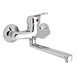 Ogomondo Miscelatore Rubinetto A Muro per Lavello Cucina Erogazione Orientabile Cromato Lucido a Specchio Canna Regolabile Monocomando Completo di Guarnizioni
