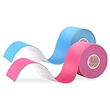 JOPHEK Kinesio tape 2 rotolo, Blue & Rosa, 5m x 5cm, Nastro kinesiologico impermeabile ed elastico, Ideale per il ginocchio, articolazioni, supporto muscolare