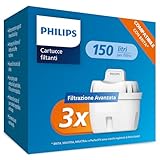 Philips Water Cartucce filtranti sostitutive Filtrazione Avanzata, 3 unità, compatibili con Brita, riducono MICROPLASTICA, CLORO, CALCARE, METALLI PESANTI