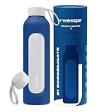 Wessper Borraccia 1 litro, bottiglia motivazionale con scala di idratazione, borraccia in vetro borosilicato con custodia in silicone, materiale sicuro senza BPA - Blu