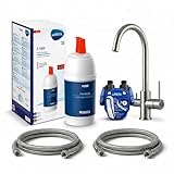 Rubinetto 3 Vie Rainbow Look acciaio inox + Filtro acqua Brita sotto tavolo Installationskit: cartuccia filtro Brita P1000, Filtro testa, flessibili, Valvola ad angolo adattatore.