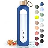 Wessper Borraccia in Vetro con Manicotto in Silicone, Bottiglia d'acqua con Indicatori di Tempo, in vetro Borosilicato Trasparente, per Monitorare l'assunzione Giornaliera di Acqua 1L – Blu