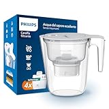 Philips - Caraffa filtrante per acqua + 4 cartucce filtranti Softening+ di ricambio, riduzione della durezza dell’acqua fino al 50%, flusso rapido, bianco, 2,6 litri, timer elettronico