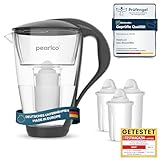 Filtro acqua in vetro PearlCo (antracite) con 3 cartucce filtranti Classic – riduzione di calcare, cloro, piombo e rame con caraffa in vetro – compatibile con Brita Classic – Made in EU
