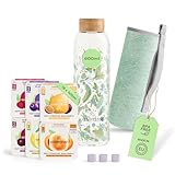 waterdrop® Bottiglie Vetro 600ml con 18 Drops senza zucchero - idee regalo donna - Pacchetto degustazione con Borraccia e 6 gusti aromatizzanti per acqua, senza zuccheri - Cofanetto regalo donna