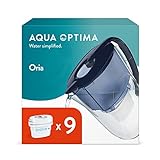 Aqua Optima Oria Caraffa Filtro Acqua e Cartucce Filtro Acqua 9 x 30 Giorni Evolve+, capacità 2,8 litri, per Riduzione di Microplastiche, Cloro, Calcare e Impurità, Blu