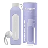 WESSPER Borraccia in vetro borosilicato con indicazione del tempo, 1 l, ermetica con coperchio in bambù, 1 l, riutilizzabile, con custodia in silicone, colore: viola