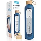 Wessper Borraccia in vetro borosilicato con indicazione del tempo, 1 l, ermetica con coperchio in bambù, 1 l, riutilizzabile, con custodia in silicone, colore: blu