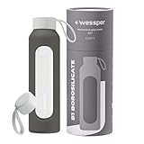 Wessper Borraccia 500 ml, bottiglia motivazionale con scala di idratazione, borraccia in vetro borosilicato con custodia in silicone, materiale sicuro senza BPA – Grigio