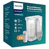 Philips Water Caraffa filtrante Instant (3 L) – 3× filtro Anticalc+ – Riduce calcare e cloro, migliora il gusto delle bevande calde