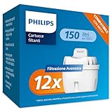 Philips Water Cartucce filtranti sostitutive Filtrazione Avanzata, 12 unità, compatibili con Brita, riducono MICROPLASTICA, CLORO, CALCARE, METALLI PESANTI