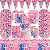 Forhome 63 Pezzi Decorazioni Compleanno Lilo e Stitch, Compreso Piatti, Tazze, Banner Triangolare, Grande Torta, Accessori per Feste Ragazzi,10 Ospiti (Rosa)