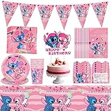 Forhome Lilo Stitch - Set di Posate per Feste, Decorazioni di Compleanno, Piatti, Bicchieri, tovaglioli, bandierine, Sacchetti Regalo, tovaglie, Biglietti d'invito, per 10 Ospiti (Rosa)