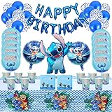 Forhome 77 Pezzi Lilo Stitch Decorazione di Compleanno per Bambini, Decorazione per Feste di Compleanno, Piatti, Bicchieri, tovaglioli, tovaglie, bandierine per 10 Ospiti