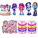 Forhome 66Pezzi Gadget Compleanno Bambina,50 My Little Pony Stickers,4 Equestria Girls Minis Figure,12 Braccialetto in Silicone